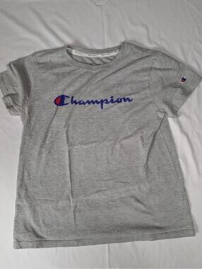 Champion Women's Gray Script Logo T-Shirt Small Heather Gray Short Sleeve Tee